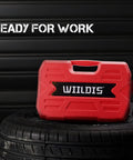 Red heavy duty storage case for Impact Socket Set 54 Piece Quarter Inch Drive, 6 Point, SAE and Metric, on tire background.