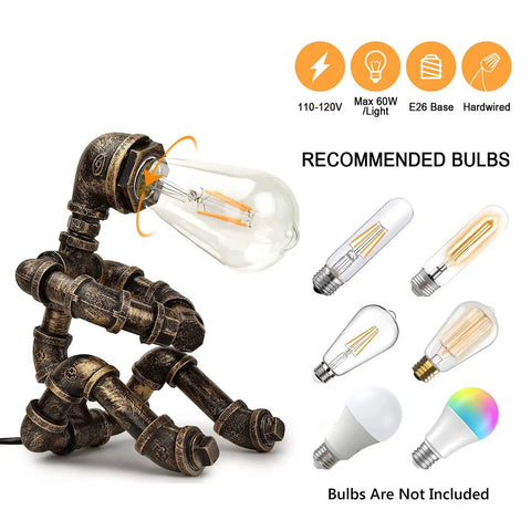 Dope Steampunk Table Lamp With Vintage Industrial Metal Robot Design next to recommended bulbs, bulb not included