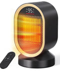 Indoor Space Heater 1500W Ceramic PTC With Thermostat And 24Hour Timer, sleek black design, heating element glowing, remote control