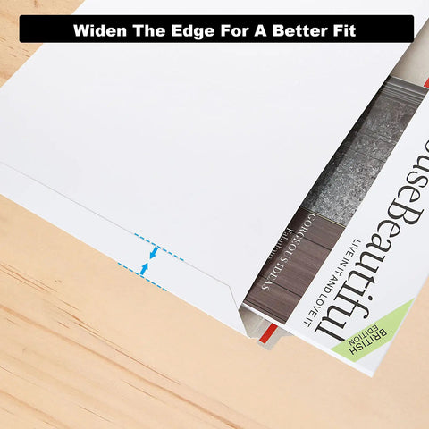 11x14 inch rigid cardboard mailer showing wide edge with magazines, focus keyword: 50 Pack 11x14 Inch Rigid Cardboard Mailers Stay Flat White Self Seal Photo Envelopes For Photos Documents Prints No Bend 13.6 By 11.2 Inches Ship Ready For Fragile Prints