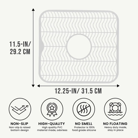 Illustration of 11.5x12.25 inch sink protector with features; non-slip, high-quality, no smell, no floating. Diagram of kitchen accessory.