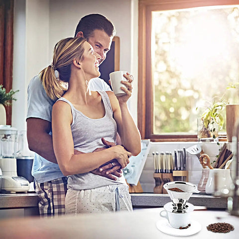 Couple enjoying coffee with Pour Over Coffee Dripper With Double Mesh Stainless Steel Cone Filter For 1 To 4 Cups Paperless Reusable Filter