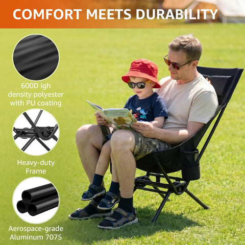 Father and child sitting on Armless Rocking Camping Chair With Spring Action Tech, Portable Folding Outdoor Rocker For Adults.
