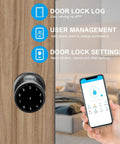 Smart Door Knob Biometric Lock With Keypad And App Control Keyless Entry For Your Pad Home Office Apartment Hotel And More Fingerprint Passcode IC Card And Mechanical Key Easy Install Black shown in use with smartphone app
