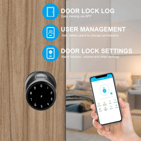 Smart Door Knob Biometric Lock With Keypad And App Control Keyless Entry For Your Pad Home Office Apartment Hotel And More Fingerprint Passcode IC Card And Mechanical Key Easy Install Black shown in use with smartphone app