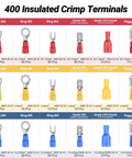 Assorted insulated wire connectors in various sizes from the Pro Grade Ratcheting Crimping Tool Kit for Insulated Wire Connectors AWG 20 10.