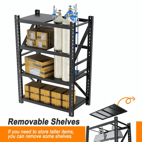 Beefed Up Garage Shelving System 73 Inches High, ultra heavy duty steel rack with removable shelves for tall items and boxes