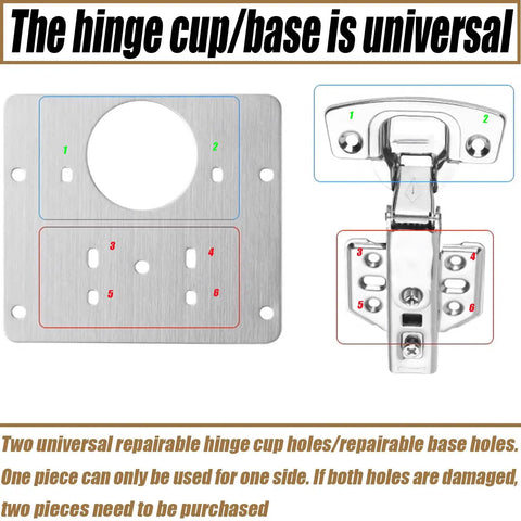 316 Stainless Steel Cabinet Hinge Repair Plates 6 Pack showing universal hinge cup and base holes with screws included.