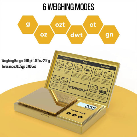 Pocket Scale 200G Capacity With 0.01G Precision, gold titanium plating, LCD backlit display open, showing 6 weighing modes