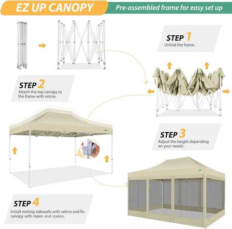 10 By 15 Heavy Duty Pop Up Canopy With Four Sidewalls And Mosquito Netting Easy Up Screen Tent assembly instructions