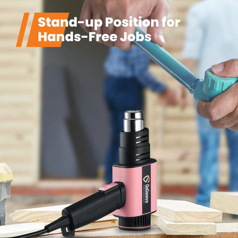 1800W Heat Gun With Stepless Temperature Control And Dual Airflow in stand-up position, ideal for hands-free DIY tasks