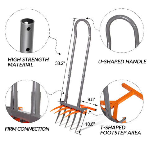 Beast Of A Broad Fork Garden Tool With 9 Tines Heavy Duty Ergonomic U Shaped Handle in diagram showing dimensions and features