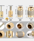 Diamond Grinder Bit Set For Stained Glass 4 Piece Brass Core Bits One Eighth Inch One Quarter Inch Three Fourths Inch One Inch Built Tough Double Plated Diamond Surface Fits Most Glass Grinders visible in various sizes and angles.
