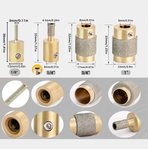 Diamond Grinder Bit Set For Stained Glass 4 Piece Brass Core Bits One Eighth Inch One Quarter Inch Three Fourths Inch One Inch Built Tough Double Plated Diamond Surface Fits Most Glass Grinders visible in various sizes and angles.