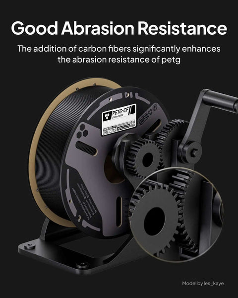 Carbon Fiber Reinforced PETG Filament 1.75mm 1kg Spool For FDM 3D Printers, showcasing abrasion resistance with gear models.