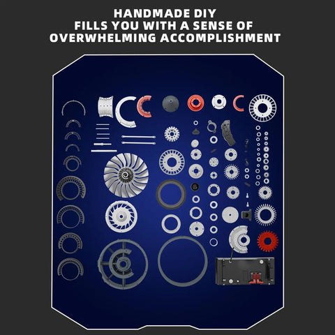 Aircraft Turbofan Engine Model Kit in Aluminum And Zinc Alloy parts layout on blue background for assembly and display.