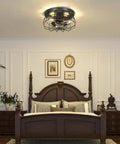 Bedroom view with two pack vintage industrial metal cage ceiling light fixture, semi flush mount with E26 base, UL listed.