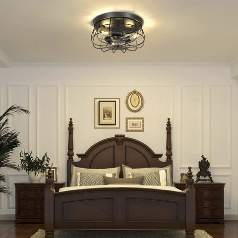 Bedroom view with two pack vintage industrial metal cage ceiling light fixture, semi flush mount with E26 base, UL listed.