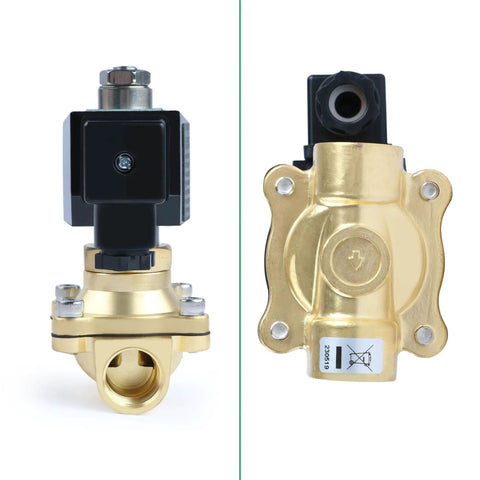 Half Inch Brass Solenoid Valve, Normally Open, 110 to 120V AC, 145 PSI Electric Valve For Water Air Diesel, Half Inch NPT Thread
