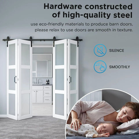 64Inch By 84Inch Bifold Sliding Barn Door With Hardware Kit Included, Preassembled Glass Doors With Waterproof Scratch Resistant PVC Surface, White Finish, Space Saving Design For Bedroom, Pantry, Laundry And More, Fits Tight Spaces