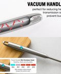 Close-up of ergonomic vacuum handle on 304 stainless steel spaghetti server with teeth and pasta spoon, rustproof and durable.
