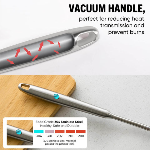 Close-up of ergonomic vacuum handle on 304 stainless steel spaghetti server with teeth and pasta spoon, rustproof and durable.