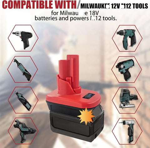 M18 To M12 Battery Adapter For Milwaukee 18V Tools Converts 18V Lithium Battery To 12V shown with compatible drills and drivers