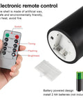 Close-up of Flameless LED Candles With Remote Timers And Moving Flame Effect, 7-Inch Pillars By 3-Inch Diameter, showing battery compartment and remote.