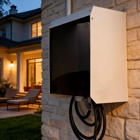 Tough As Nails EV Charger Cover shields your wallbox with a galvanized steel enclosure and clear acrylic door.