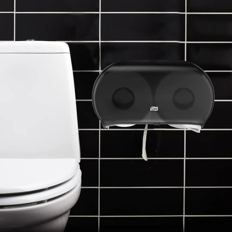 Twin Jumbo Toilet Paper Roll Dispenser With Refill Indicator Window And Built In Lock For High Capacity Bathrooms next to toilet