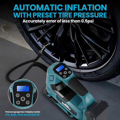 Portable Cordless Tire Inflator With Digital Pressure Gauge And LED Light 150 PSI Air Pump in use with car wheel.