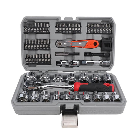 Three Eighth Inch Drive Socket Wrench Set With 72 Tooth Ratchet And Quick Release Bit Driver 64 Piece Beast in storage case