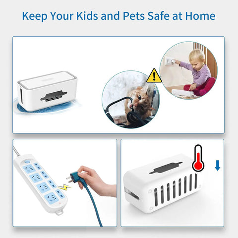 Image of Surge Protector Power Strip With Cable Management Box 6 Outlets And 2 USB Ports Switch Control Flat Plug 5 Foot Heavy Duty Extension Cord Cord Organizer Box For Home And Office White detailing safety features for kids and pets.