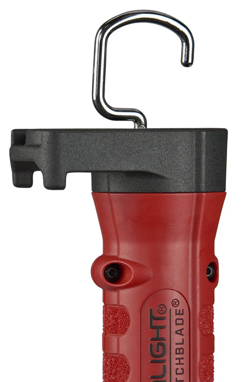 Side view of Stinger Switchblade 800 Lumen Rechargeable Multi Function LED Work Light With Color Rite Technology, metal hook detail.