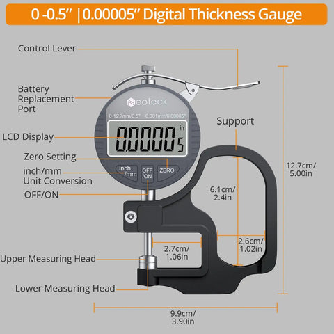 Digital Thickness Gauge With LCD Display Inch mm Conversion Dead On Accurate 0.00005 Inch Resolution 0-0.5 Inch Range