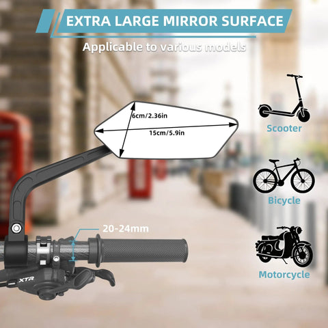 2 Pack Bike Mirrors For Handlebars, 360 Degree Adjustable Rear View Mirrors showing size and applicability for scooters, bikes, motorcycles
