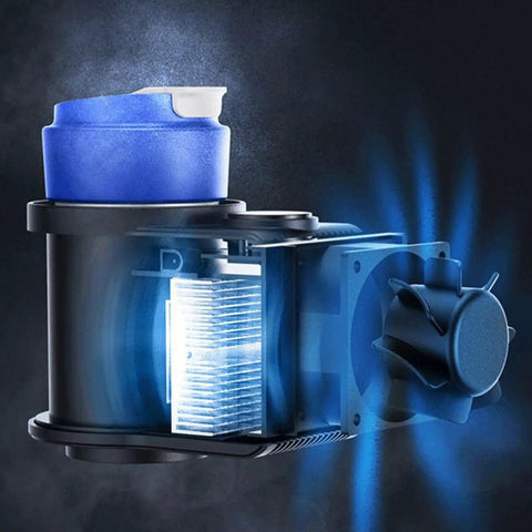 Smart Car Cup Cooler And Heater With One Touch Temp Control showing blue drink container and cooling fan design.