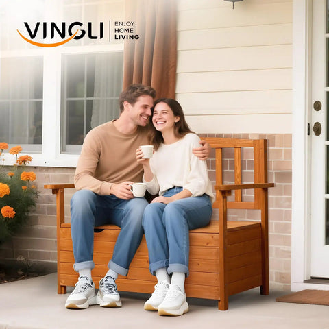 Outdoor Storage Bench With Seating For Two Weatherproof Cedar Wood Deck Box Loveseat with couple on porch