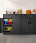 36 Inch High Locking Metal Storage Cabinet With Two Drawers And An Adjustable Shelf For Office, Garage Or Home, Heavy Duty Steel Construction In Black Finish, showing open and closed doors.