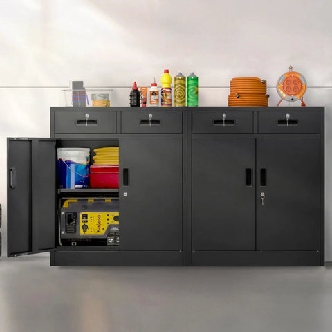 36 Inch High Locking Metal Storage Cabinet With Two Drawers And An Adjustable Shelf For Office, Garage Or Home, Heavy Duty Steel Construction In Black Finish, showing open and closed doors.