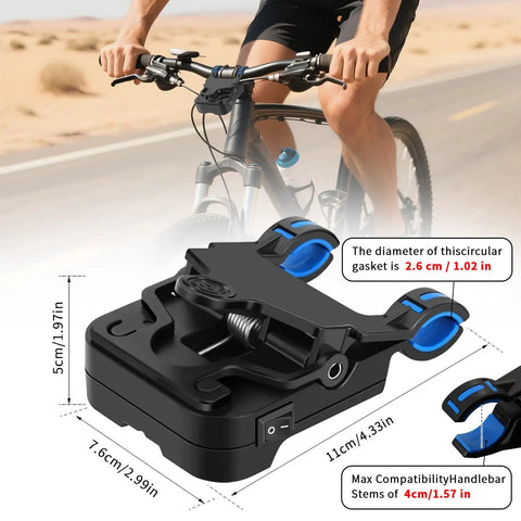 Dead Center Bike Laser Calibrator Rechargeable Wheel Handlebar Alignment Tool With Bang On Half Millimeter Precision Waterproof Build For Road Mountain Folding Cycles Quick Install Zero Sweat Setup Always Runs Tight on a mountain bike handlebar.