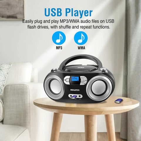Portable CD Player Boombox with FM Radio Bluetooth USB Port and Aux Input for Home or On The Go on a table with a USB drive