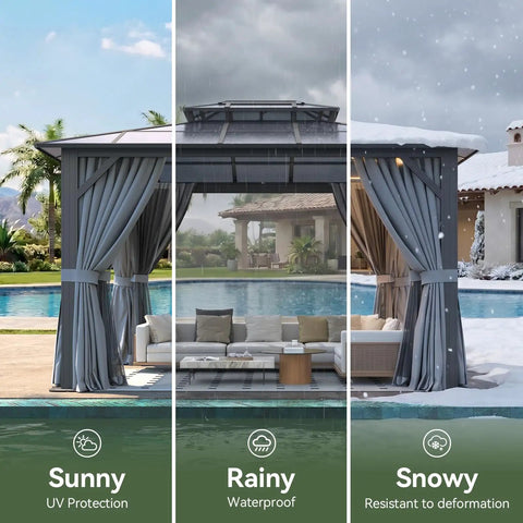 Hardtop Outdoor Gazebo 10x12 with Double Polycarbonate Roof, All Weather Permanent Pavilion in Aluminum Frame, installed by pool