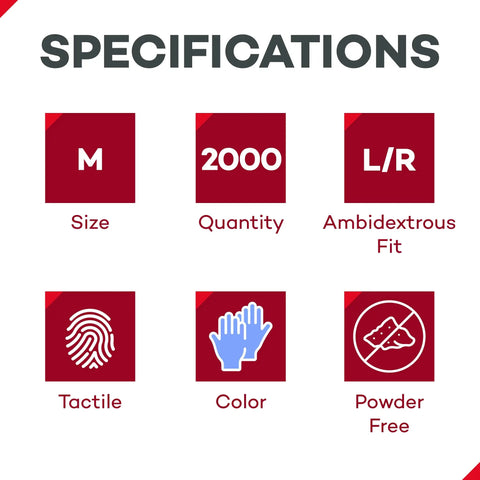 Specifications of Ambidextrous Nitrile Exam Gloves 2000-Count Pack, Latex-Free And Powder-Free, Medical Grade Disposable