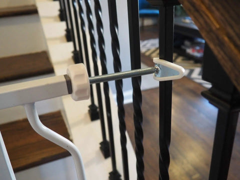 Extra Long Banister Adapter Y Spindle Rods 8mm for Stair Gates 2 Pack White with no slip grip padding on railing