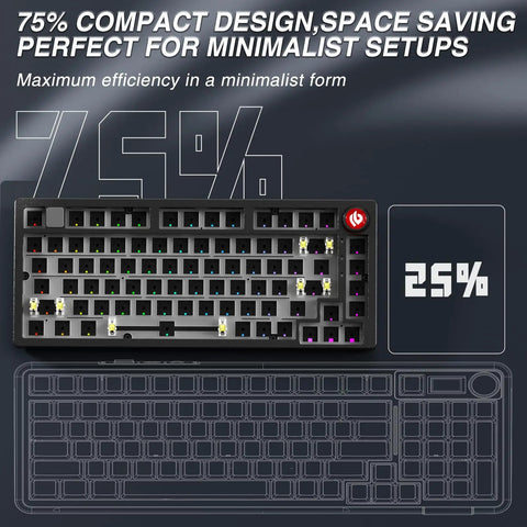 Top Shelf Wireless Mechanical Keyboard Kit With Rock Solid Gasket Mount Design, Reliable 75 Percent Layout, Premium Aluminum Alloy Frame, Aerial view of key layout.
