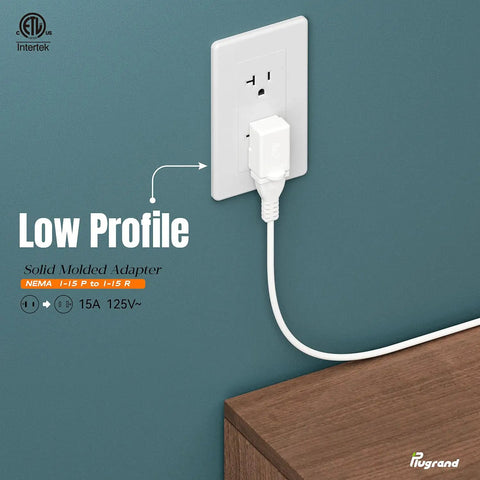 Right Angle Nema 1-15P To Nema 1-15R Power Adapter plugged into wall outlet with cord extended, showing vertical orientation.