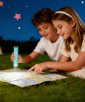 Kids using 3 Pack USB C Rechargeable Mini LED Flashlights With Sidelight Lantern for night reading on a map under stars.