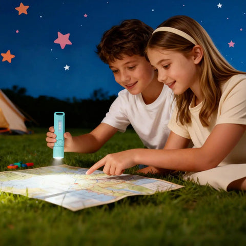 Kids using 3 Pack USB C Rechargeable Mini LED Flashlights With Sidelight Lantern for night reading on a map under stars.