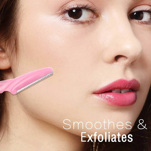 Close-up of a face using Top Shelf Dermaplane Razor Blade Refills for ultra smooth face shaving and gentle exfoliation.